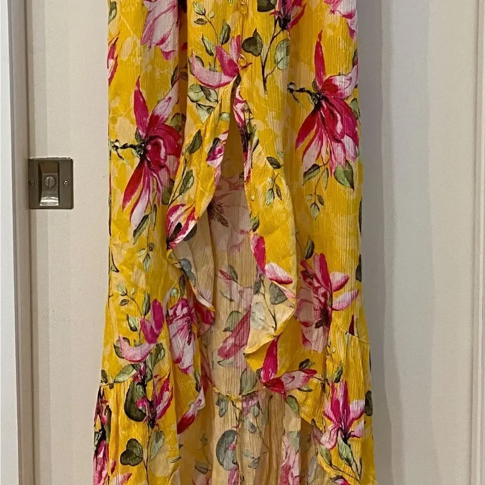 FLORAL Yellow Maxi Dress high low ruffle empire waist small